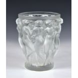 A Lalique Bacchantes frosted and polished glass vase, c.2001, of tapered cylindrical form, moulded