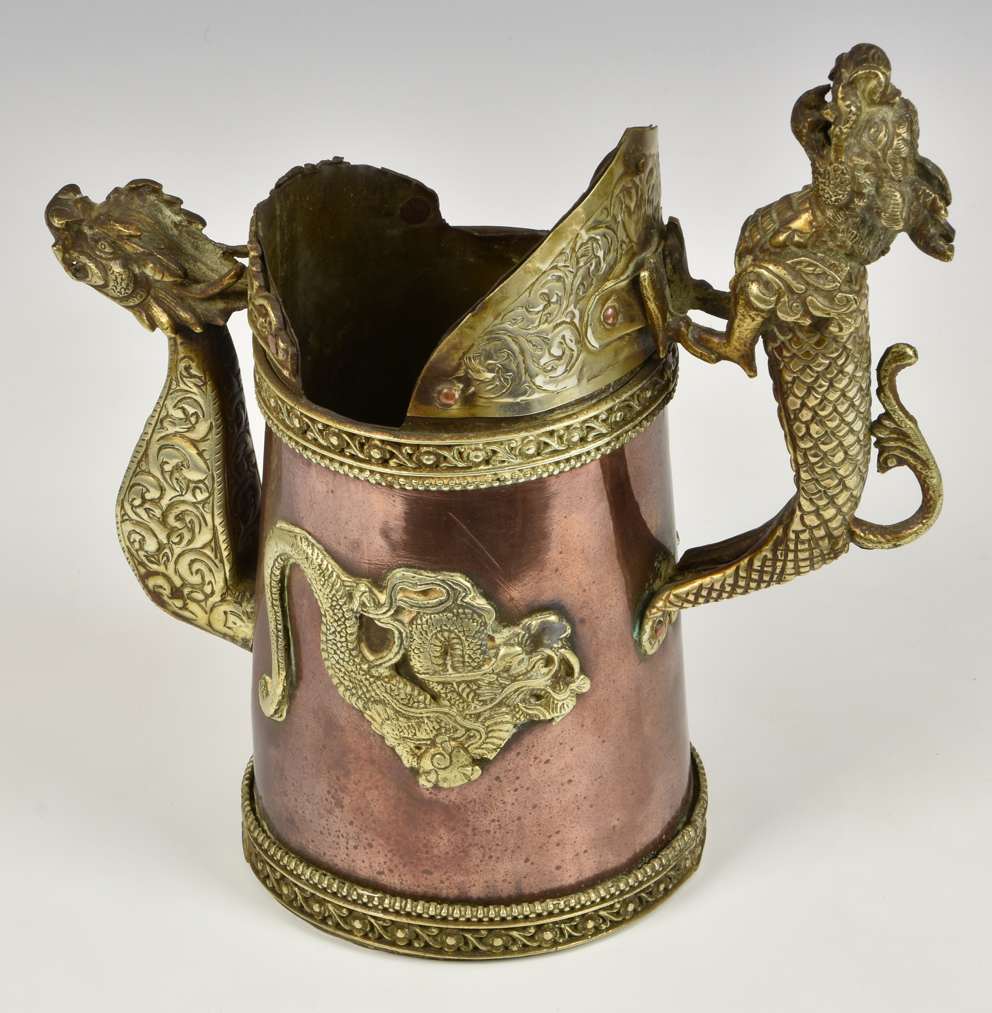 A 20th century copper and brass Tibetan / Chinese dragon jug, the handle and spout fashioned as - Image 2 of 4