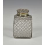 A 19th century cut glass square tea caddy jar with silver collar, probably Continental, marks