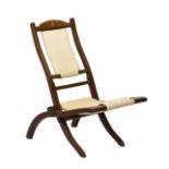 An Edwardian mahogany and marquetry folding steamer chair, 29in. (73.5cm.) high to back, 13in. (