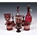 A collection of 19th century and later Bohemian wheel engraved ruby flashed glass, comprising an