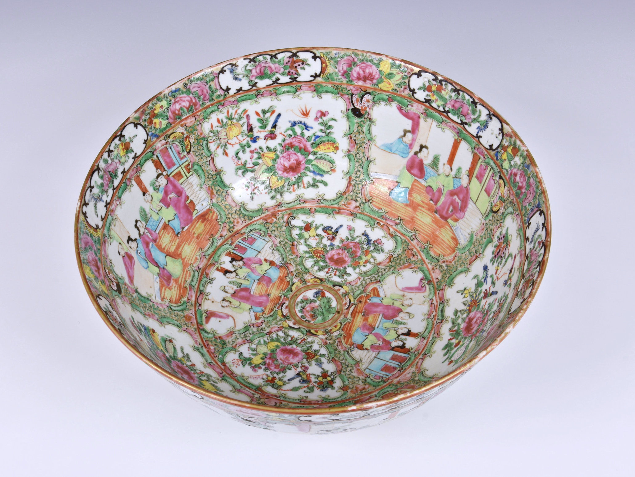 A large Chinese Canton famille rose punch bowl, 19th century, typically enamelled with alternate - Image 4 of 7