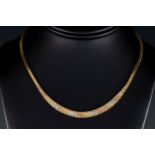 A 9ct gold three-tone collar necklace, of articulated, interlinking panels of white, rose and yellow