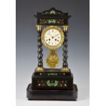 A French ebony, ebonised and inlaid portico clock, late 19th 20th century, French, the twin train