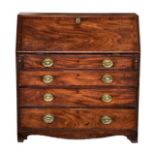 A George III cross banded mahogany bureau, the cross banded and barber’s pole strung fall