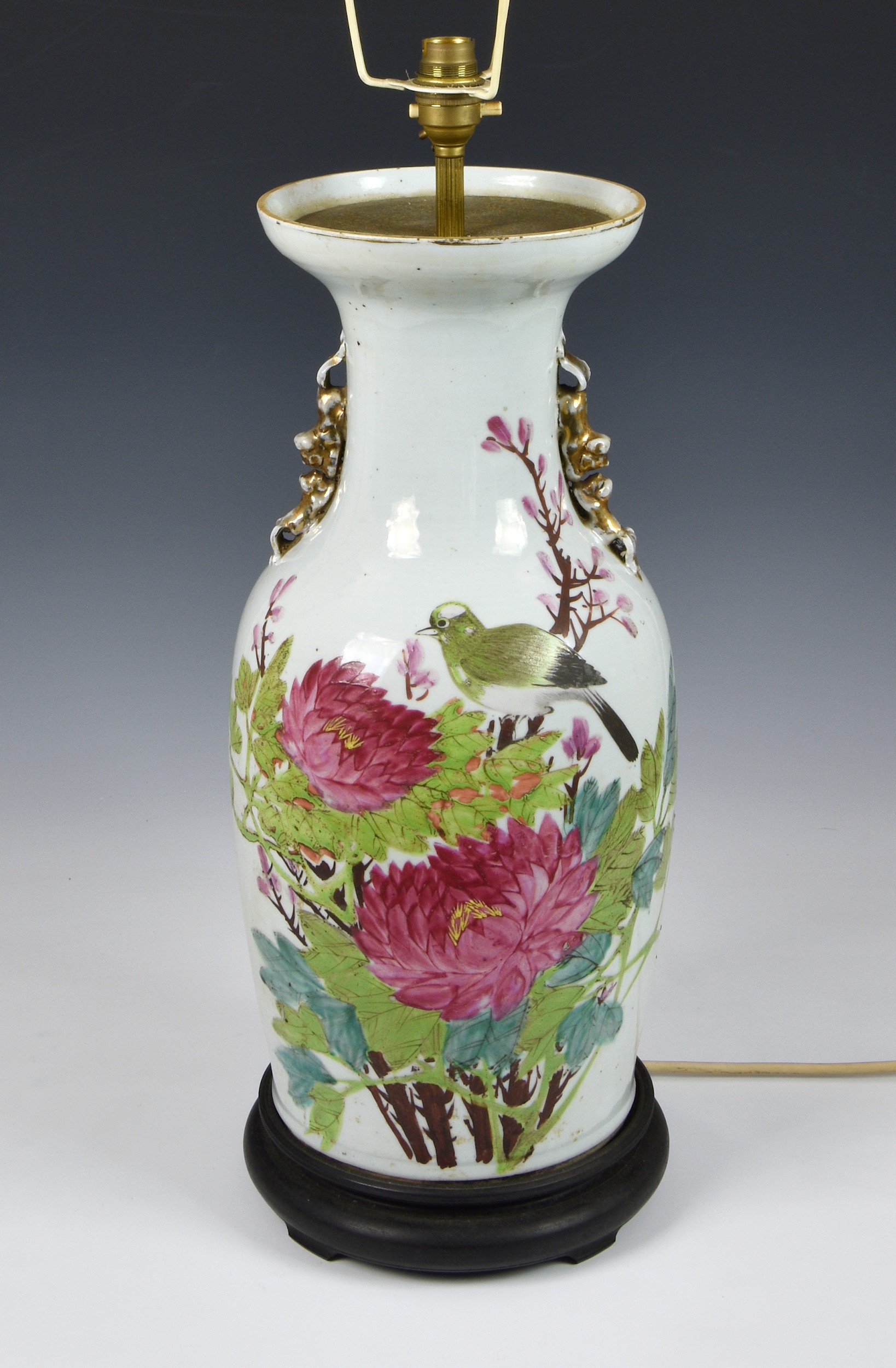 An early 20th century Chinese famille rose baluster vase lamp, polychrome painted with bird