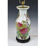 An early 20th century Chinese famille rose baluster vase lamp, polychrome painted with bird