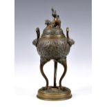 A Chinese bronze censor, probably 20th century, pull-off domed cover with foo dog finial, the two
