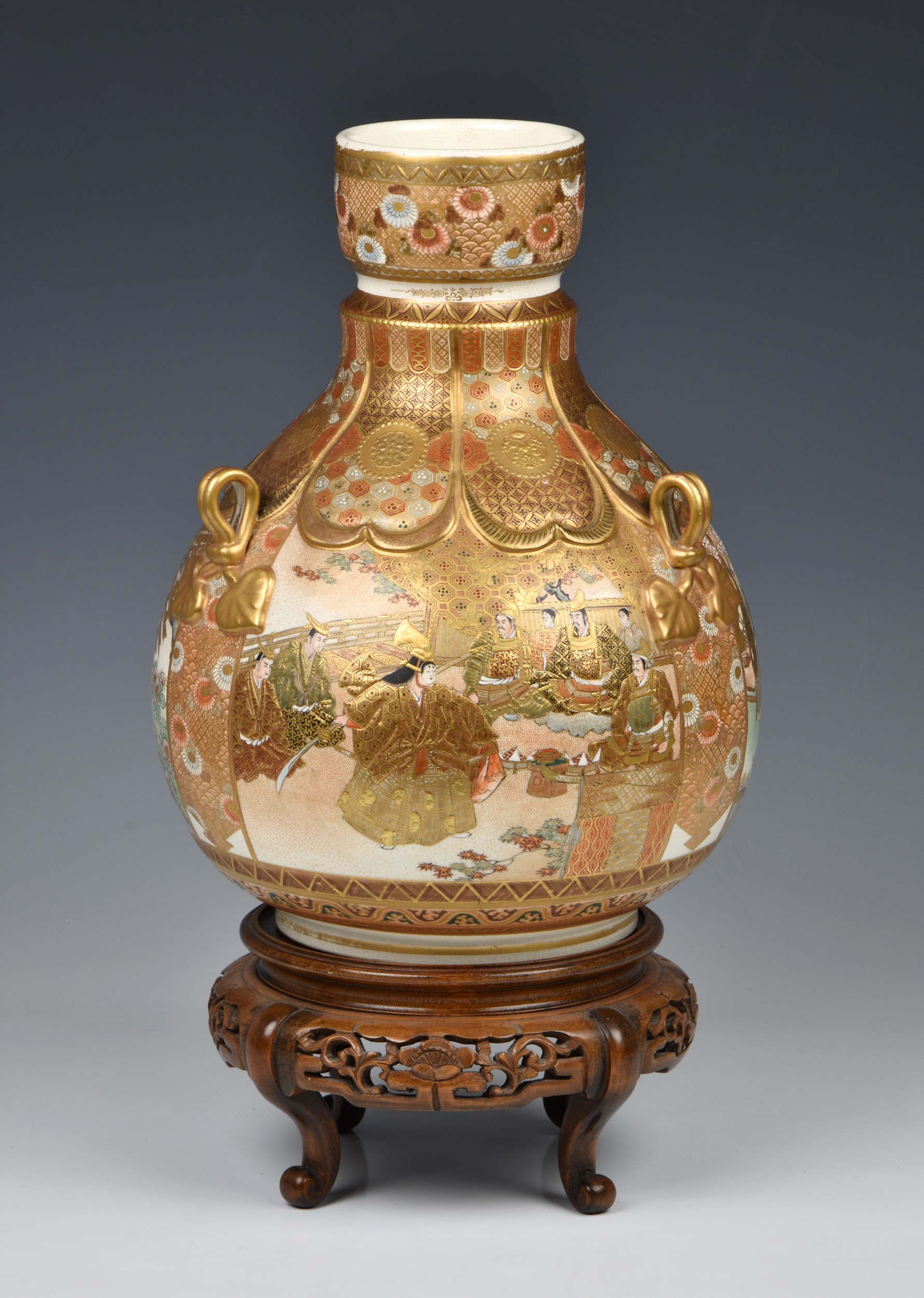 A Japanese Satsuma earthenware vase by Kinkozan, Meiji period (1868-1912), gilt four character