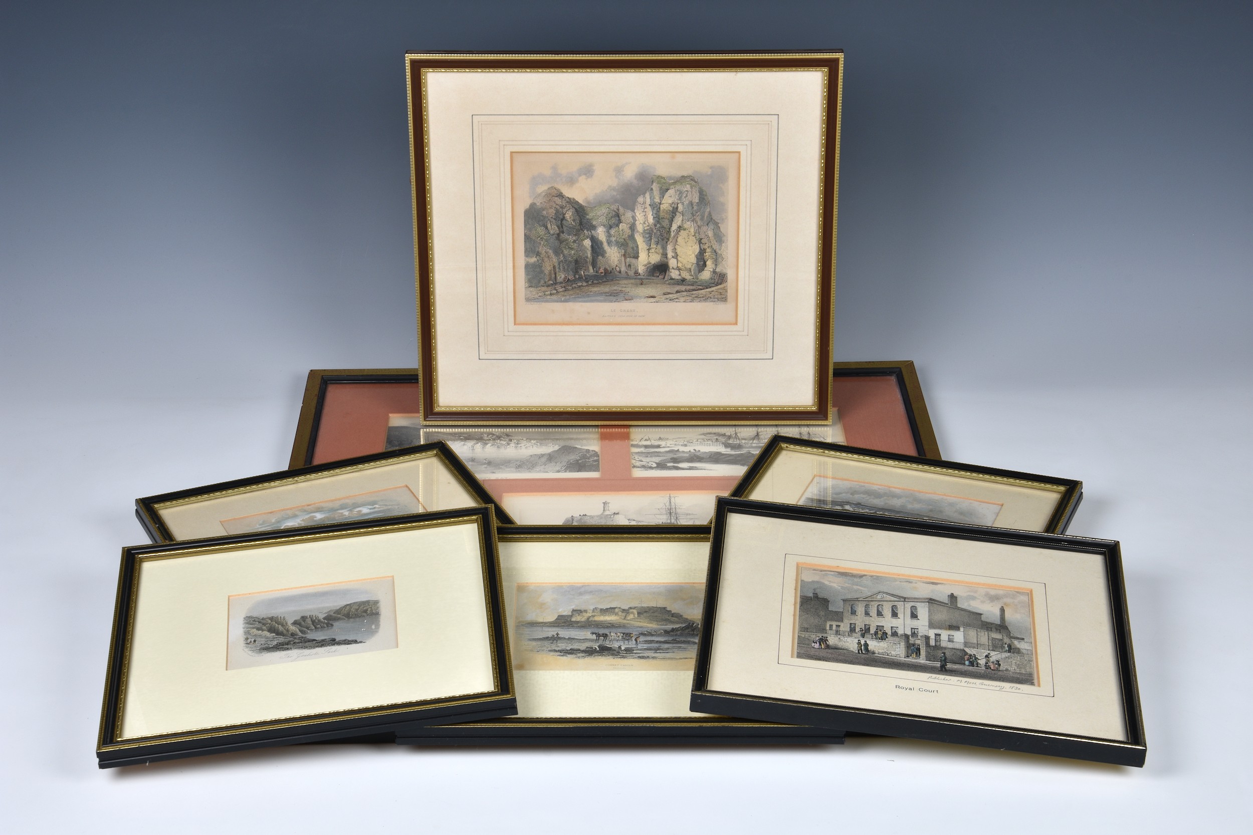 A collection of fifteen 19th century framed Guernsey bookplate prints and engravings etc, to include