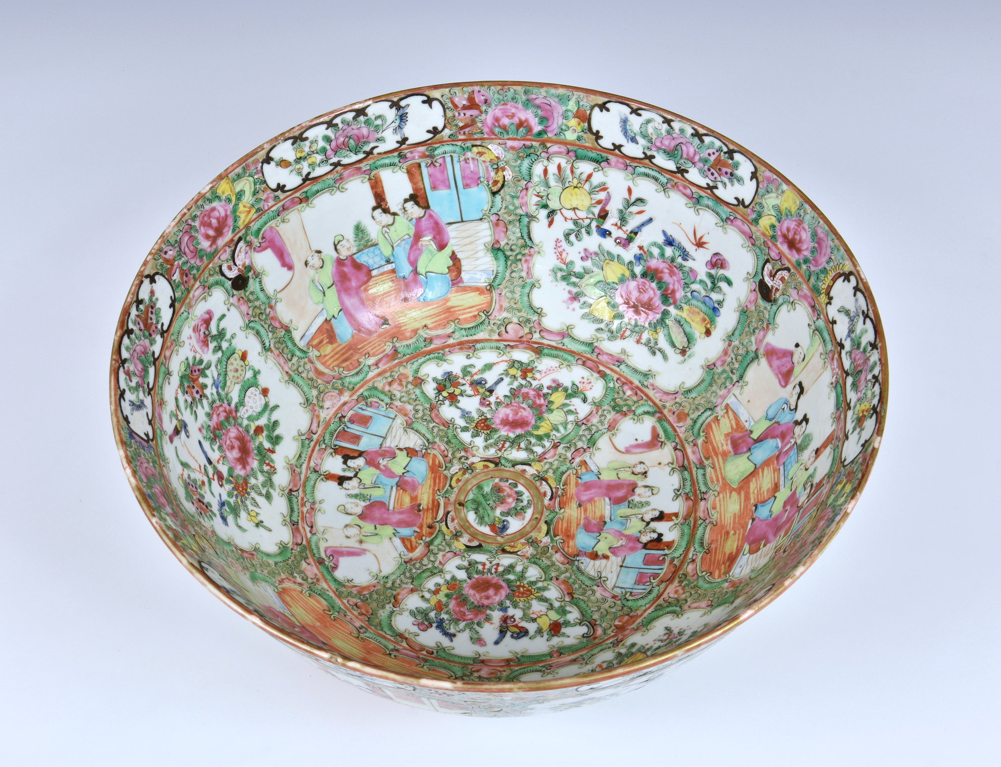 A large Chinese Canton famille rose punch bowl, 19th century, typically enamelled with alternate - Image 6 of 7