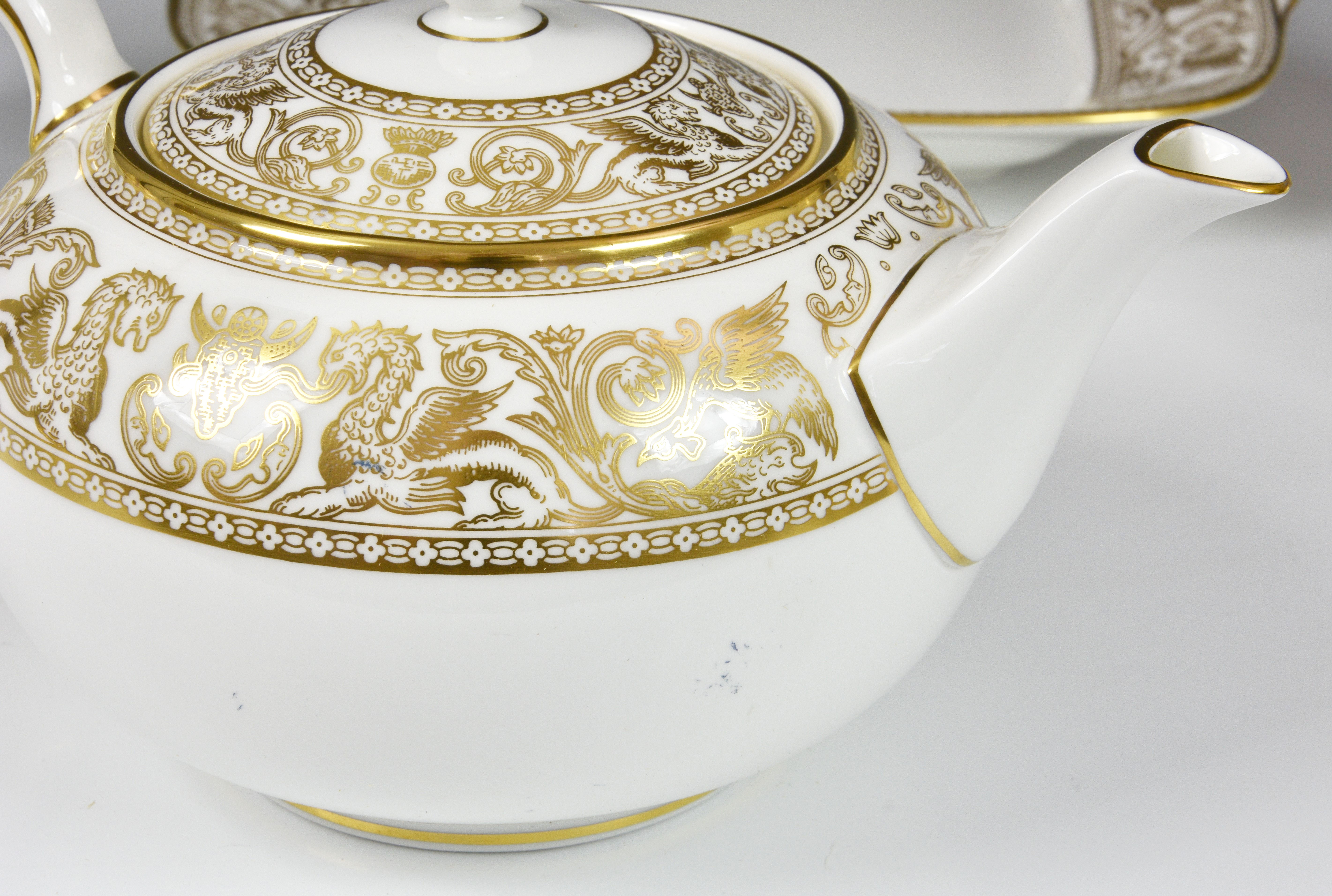 A Wedgwood China 'Gold Florentine' pattern tea service, comprising of teapot, six cups & saucers, - Image 4 of 6