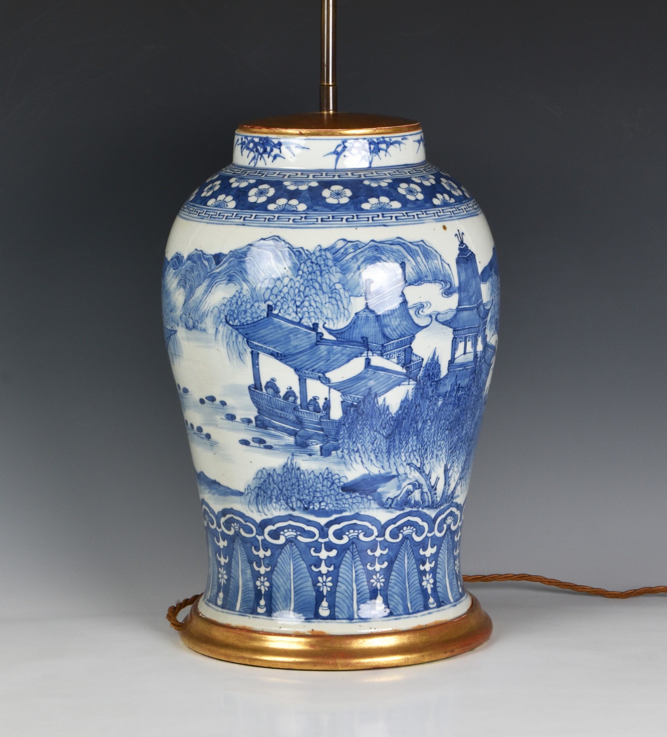 A large Chinese blue and white vase lamp, the vase probably 19th century, of stout baluster form, - Image 4 of 6