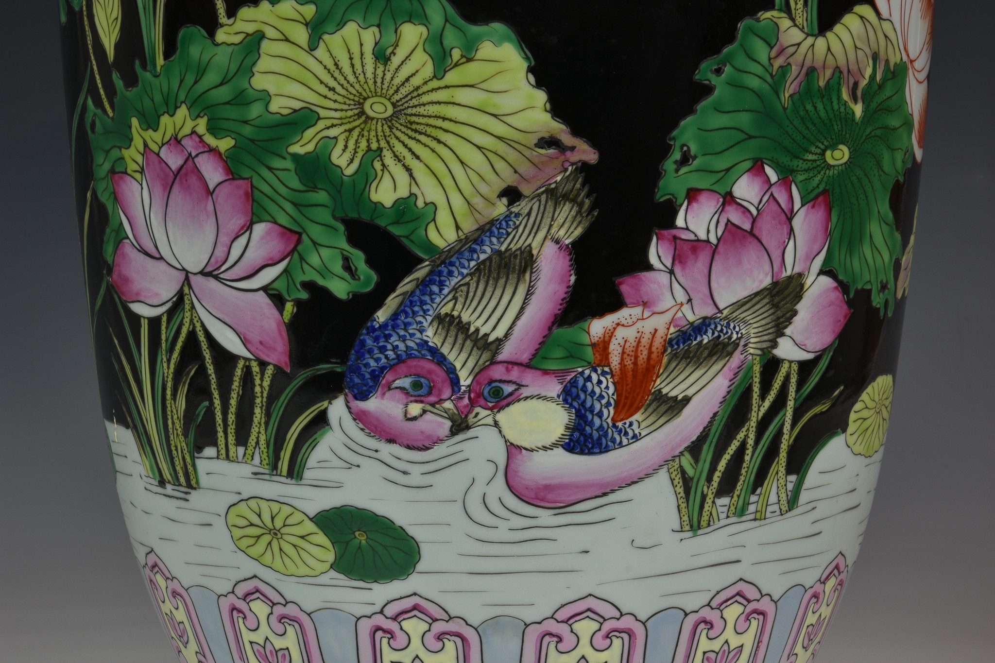 A Chinese porcelain black ground large baluster vase, second half 20th century, painted in famille - Image 3 of 7