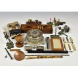 A rummage tray of various antique / vintage collectables, to include a pair of green patinated