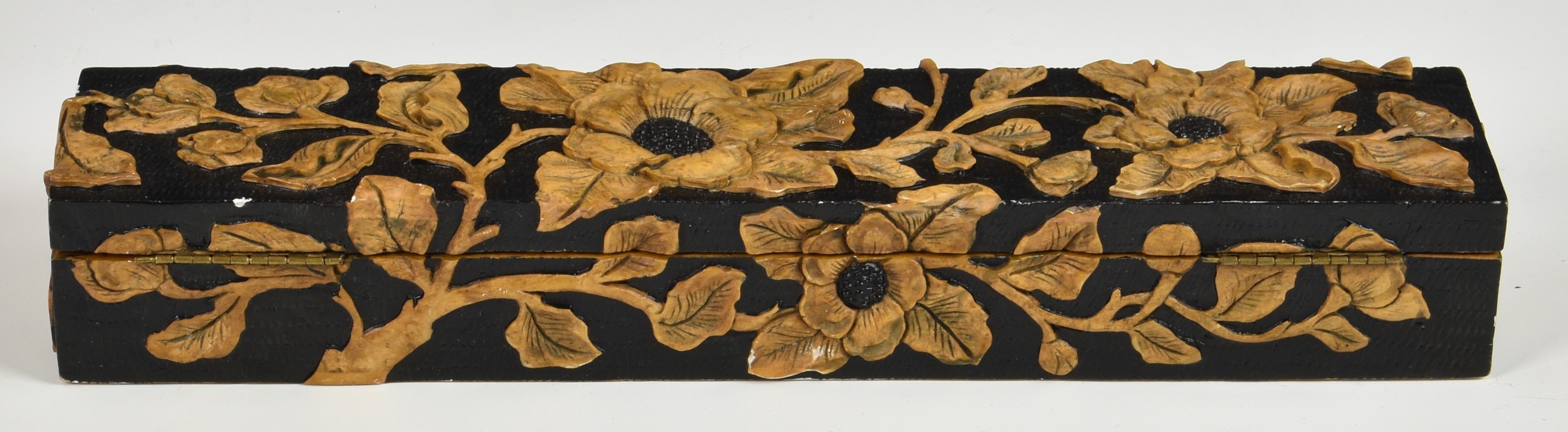 A Chinese soapstone brush or glove box, rectangular form, cameo cut with raised floral decoration on - Image 2 of 6