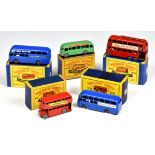 Five boxed Matchbox Lesney 1-75 Series buses and coaches, comprising an MB5a London Bus, paper