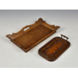 An unusually small 1920s pokerwork tray, of rectangular oval form with turned bobbin handles, the