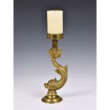Trench Art - a good quality cast brass dolphin / mythical fish candle holder, the sconce fashioned