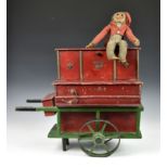A 19th century or later painted wooden toy organ grinder music box, painted in red and green, the