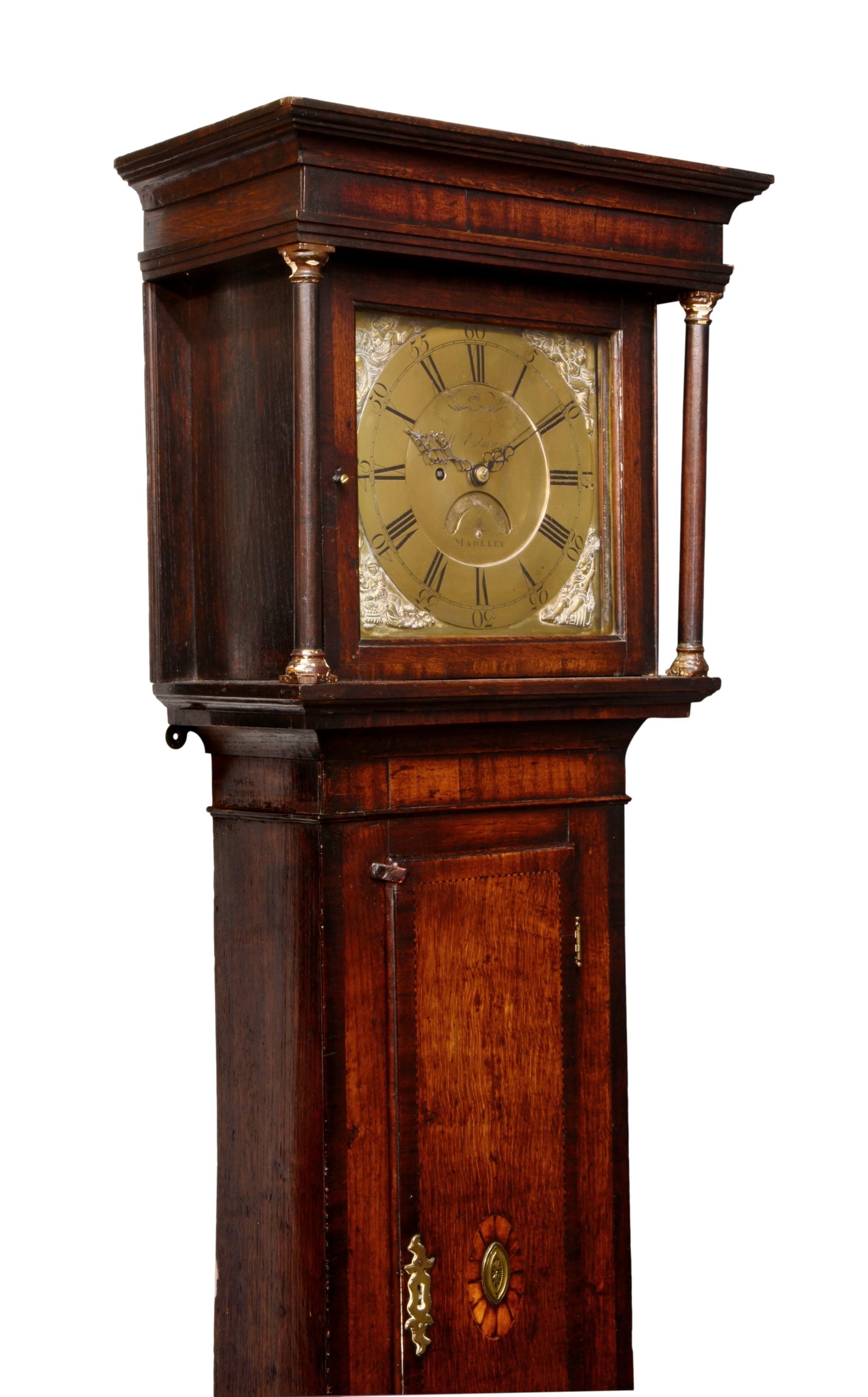 A late 18th century oak 30 hour longcase clock by W. Edmund of Madeley, the square brass Roman