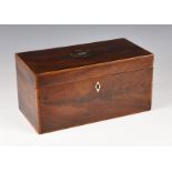 A George III mahogany tea caddy, rectangular form, with tulipwood cross banding and boxwood and