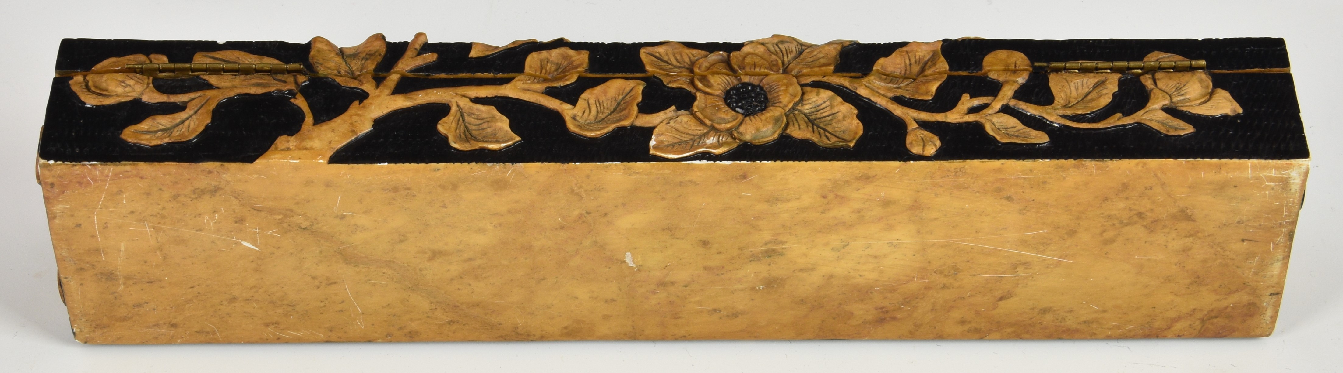 A Chinese soapstone brush or glove box, rectangular form, cameo cut with raised floral decoration on - Image 4 of 6