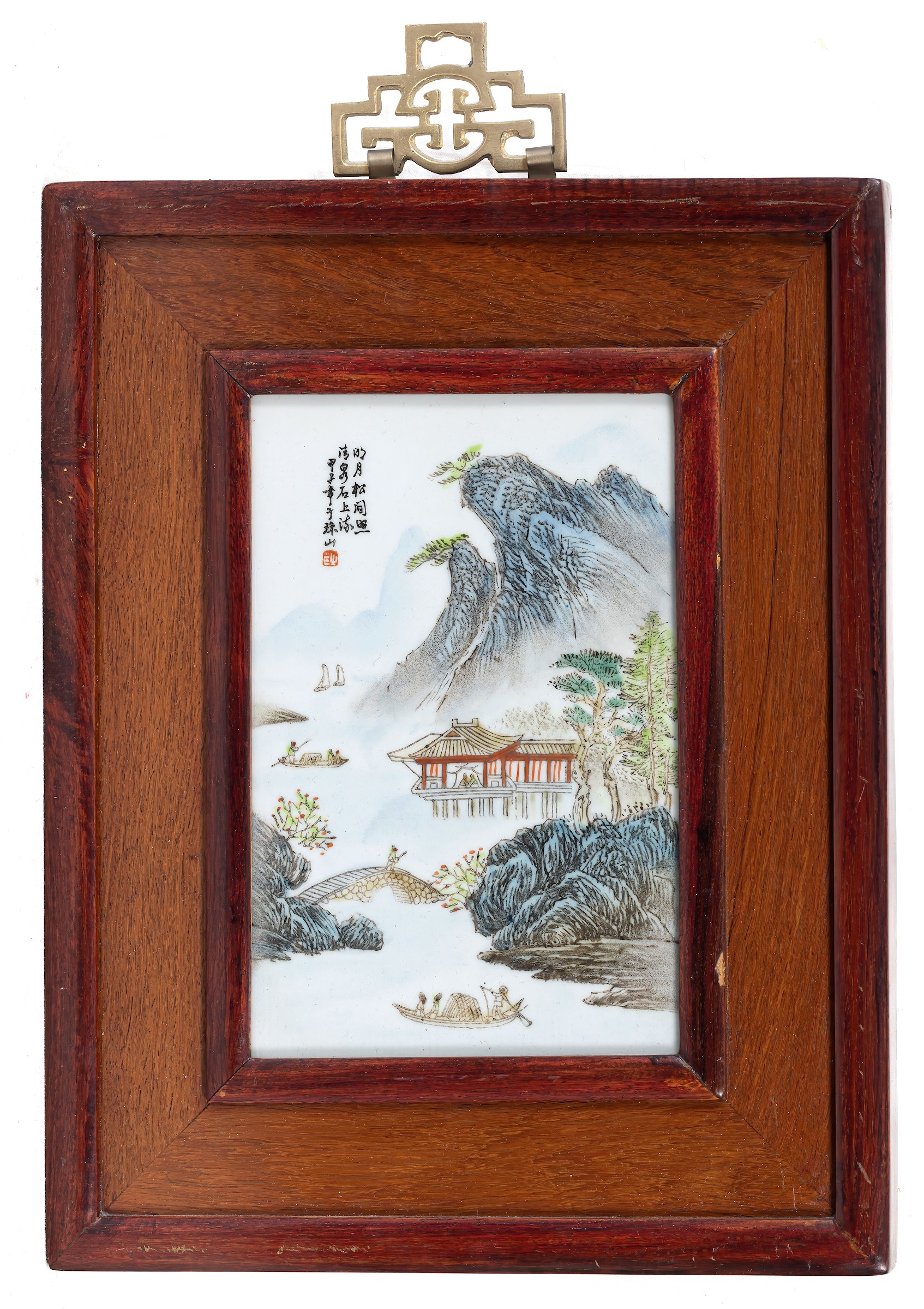 Two Chinese porcelain plaques, depicting boats in lake landscapes, late 20th century, in wooden