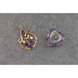 A 9ct gold, amethyst and seed pearl pendant, together with an amethyst and diamond chip heart shaped