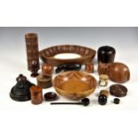 A large collection of various treen items, to include a spice tower; twin compartment bowl fashioned