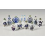 A collection of eleven blue & white Chinese porcelain snuff bottles, 20th century, of varying