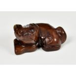 A contemporary brown hardstone Chinese netsuke / figurine of a cat, 2in. (5cm.) long, pierced hole