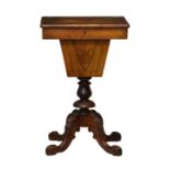 A Victorian walnut work table, the rectangular top, frieze and waste box with geometric barber's