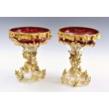 A pair of silver plated gilt table centrepieces with ruby red glass bowls, second half 20th century,