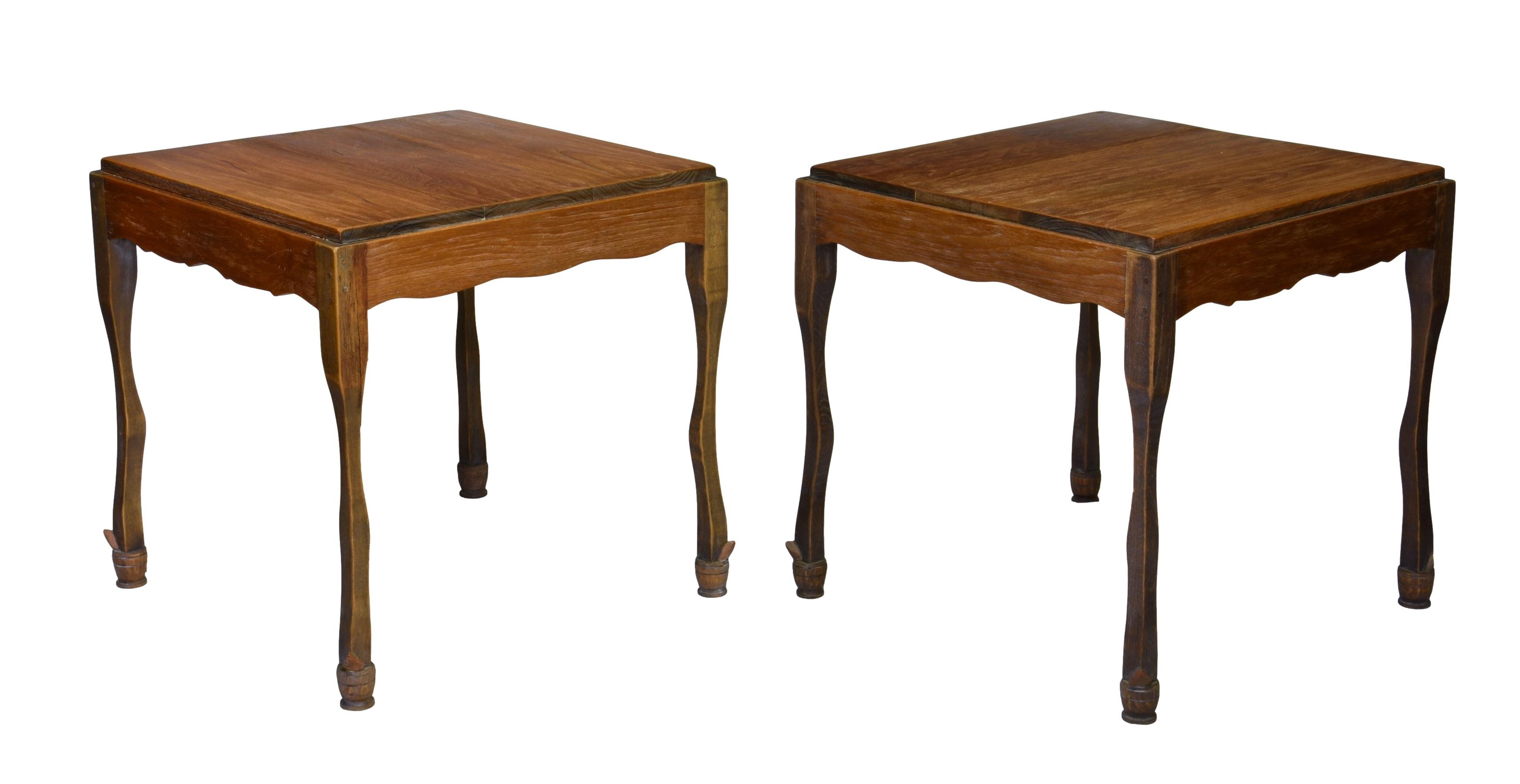 A pair of Indonesian beech and teak square side tables, second half 20th century, the raised, square