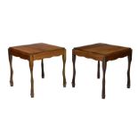 A pair of Indonesian beech and teak square side tables, second half 20th century, the raised, square