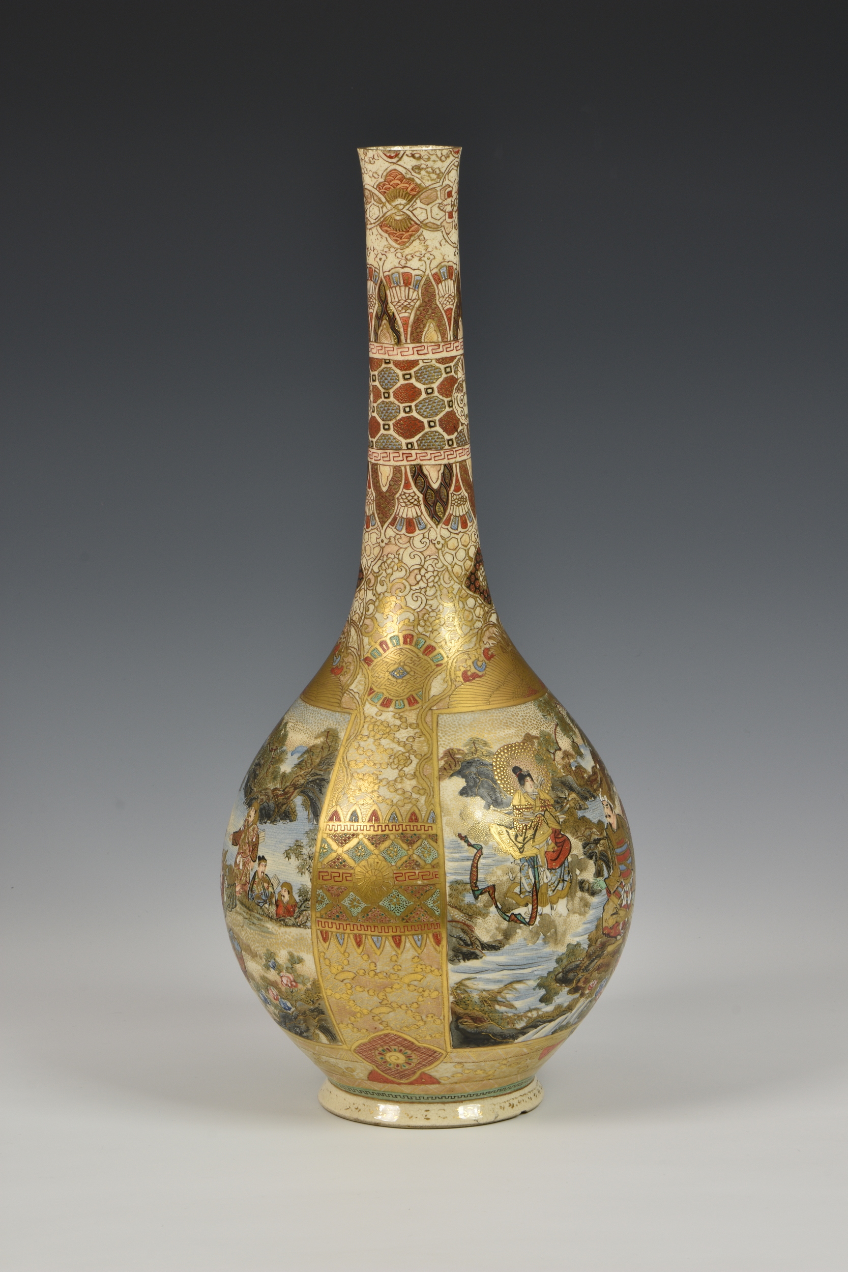 A large Japanese Satsuma bottle vase, Meiji period (1868-1912), signed in iron red with three - Image 2 of 9