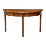 A George III mahogany demi-lune table, raised on three square legs, 48 x 23¾in. (122 x 60.5cm.),