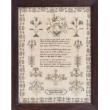 A George IV needlework sampler, inscribed ‘Hannah Allen Osburn Aged 7 Years 1827’, the central verse