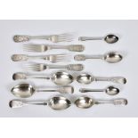 A quantity of silver shooting prize fiddle pattern spoons and forks, 1930s, various makers, the