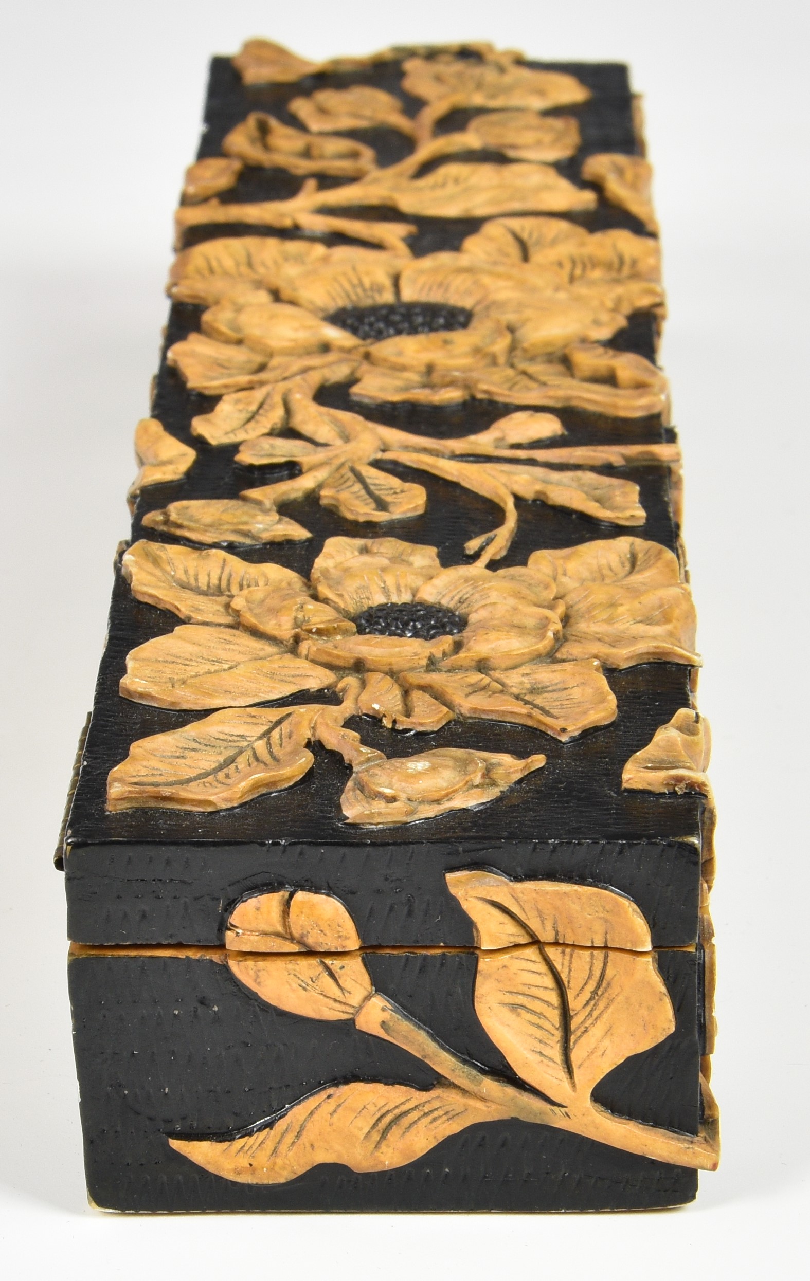 A Chinese soapstone brush or glove box, rectangular form, cameo cut with raised floral decoration on - Image 5 of 6