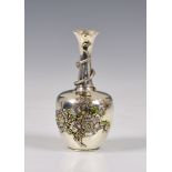 A Japanese silver and enamel vase, Meiji period (1868-1912), of shouldered, bottle form with lotus