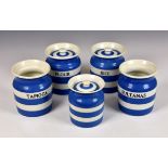 Five assorted T. G. Green & Co Ltd Cornish Kitchen Ware storage canisters, having typical blue and