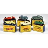 Six boxed Matchbox Lesney 1-75 Series motorbikes, sports and racing cars, comprising MB4c Triumph