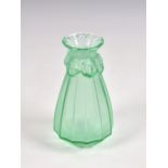 A Lalique green satin glass vase, tapered and panelled, embossed rosebuds below neck, engraved to