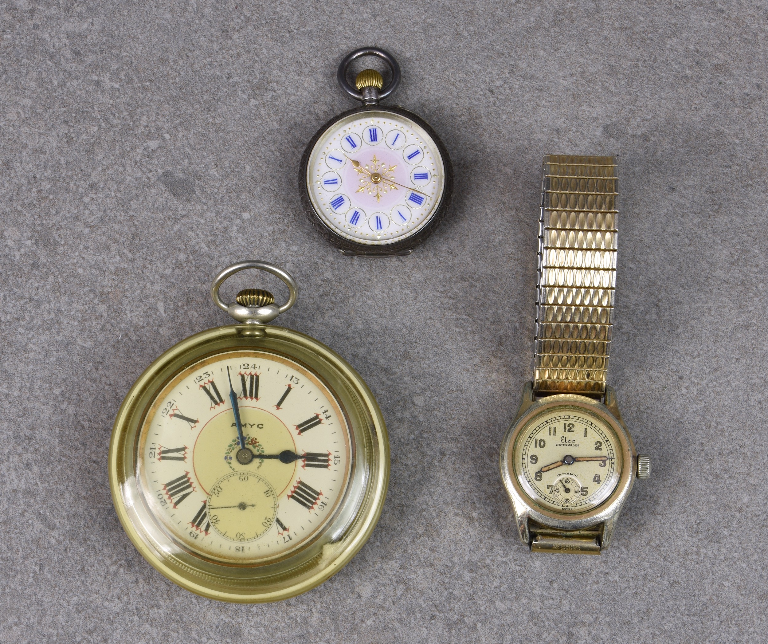 A Swiss silver fob watch, early 20th century, with gilt enriched enamel dial with blue Roman