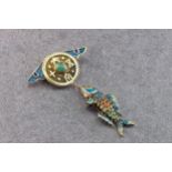 A Chinese silver gilt and enamel brooch, first half 20th century, with an articulated fish suspended