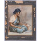 Early 20th century School, Kneeling Indian Woman with Water Jar. watercolour, signed indistinctly
