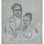 19th century English School, Portrait of a father and daughter pencil, heightened with white on