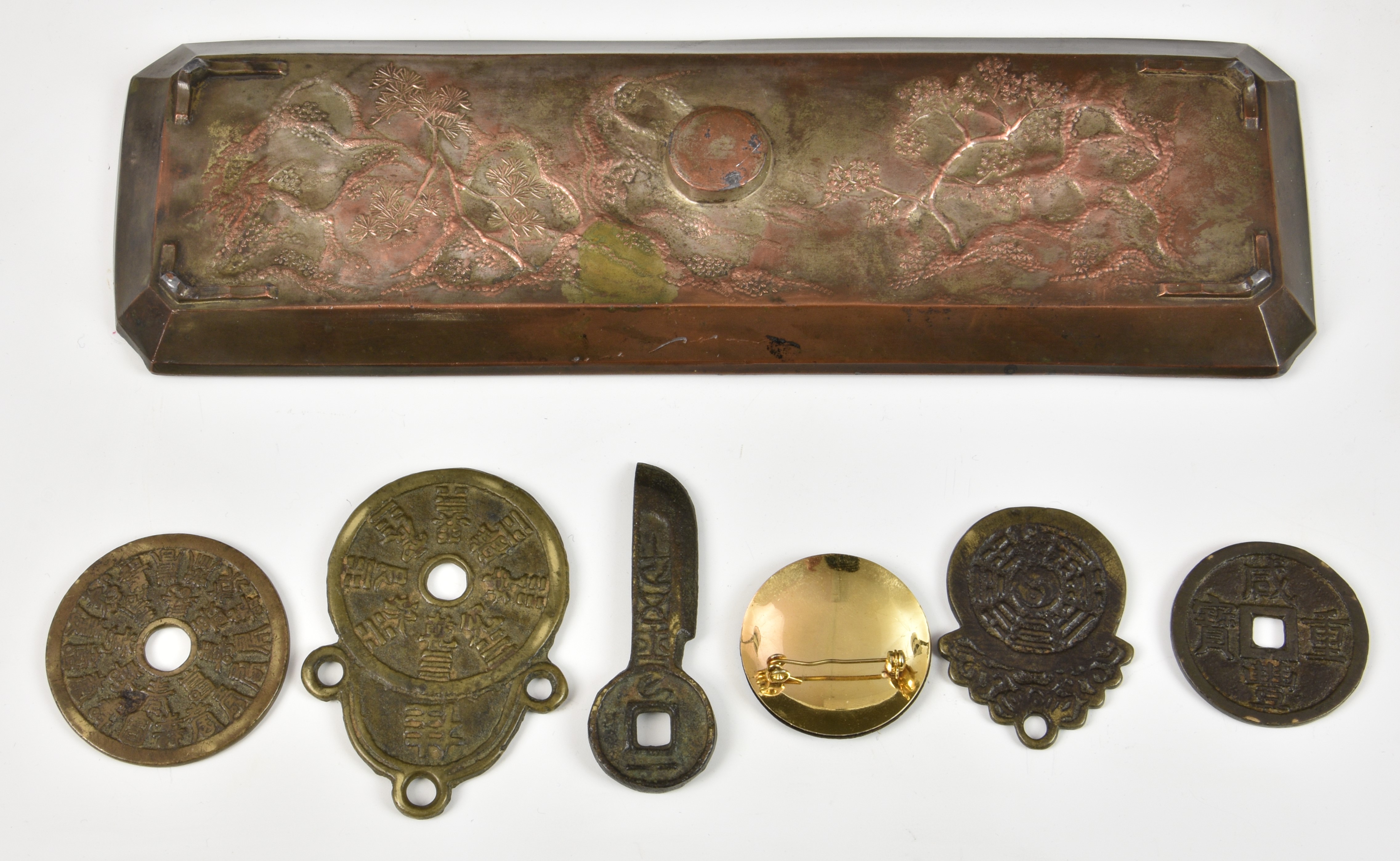 A Japanese metalwork Feng Shui tray with raised figures of minstrels, of rectangular form, centrally - Image 2 of 10
